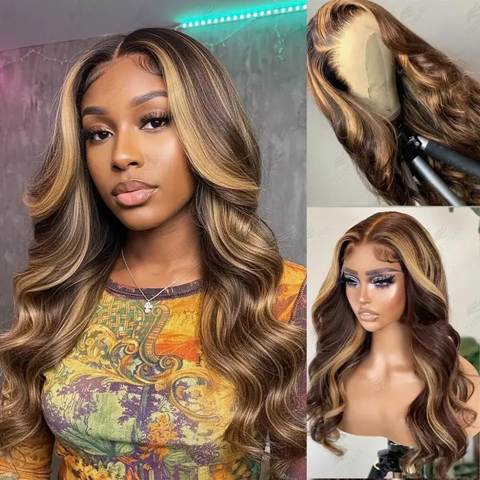 Perruque Lace Frontal Wig Body Wave brésilienne naturelle, cheveux humains à reflets colorés, 13x4,