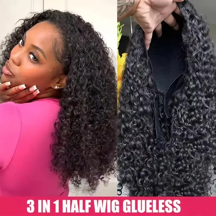 Perruque mi-tête bouclée crépue en cheveux humains, haute densité, sans colle, 3-en-1, pour femmes,