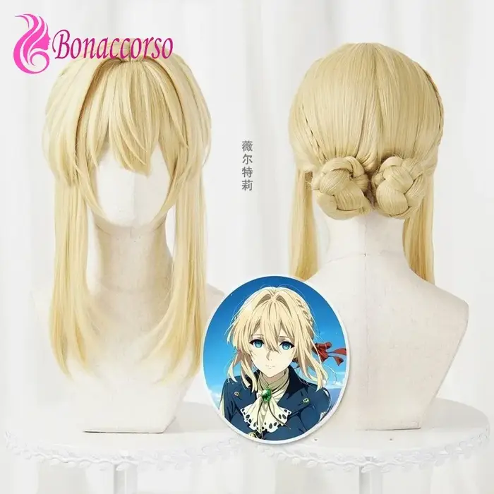 Perruque de Cosplay Violet Evergarden, perruque synthétique courte et lisse avec couvre-chef, Anime 