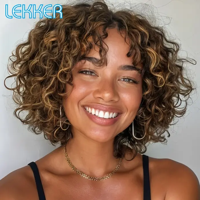 Lekker sans colle Blonde mettre en évidence court bouclés Bob partie centrale dentelle 100% perruques de cheveux