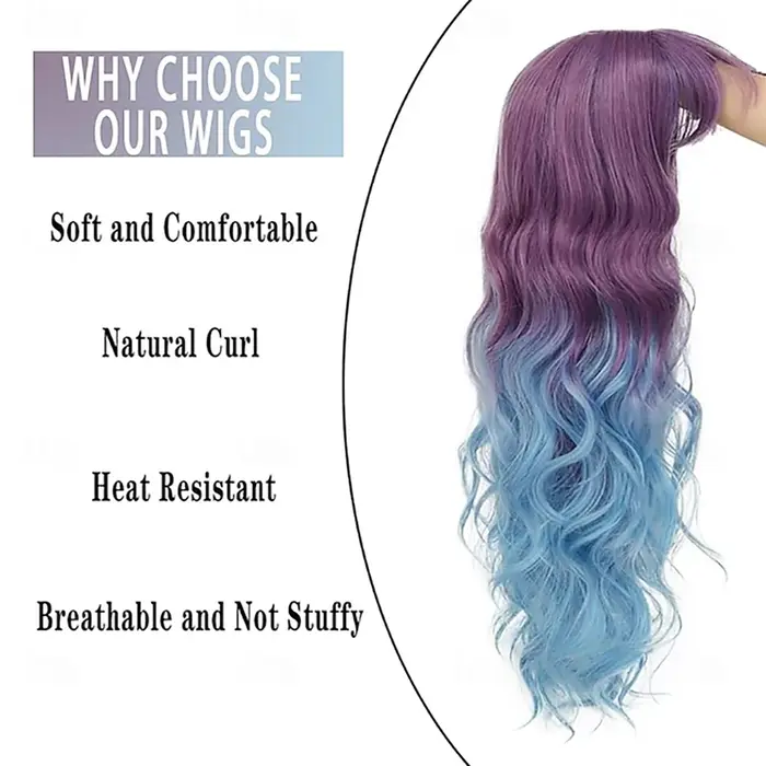 Perruque de carnaval de cheveux synthétiques bleu violet ombré bouclés ondulés longue