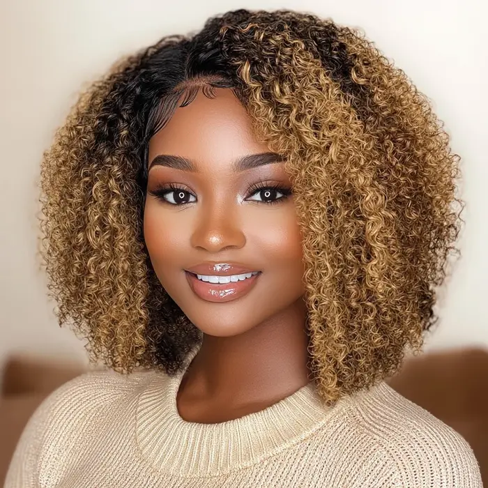 Perruque Bob Cheveux Humains Bouclés Crépus Ombré Brun 13x5x1 T Lace Frontal Densité 180% 10 Pouces Pré-Pluckée Sans Colle Noir Naturel pour Femmes