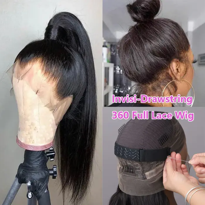 Perruque Lace Front Wig 360 naturelle, cheveux lisses, avec sangle cachée, pre-plucked, 12A, sans co