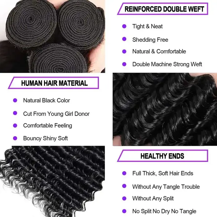 Lots de Cheveux Humains Brésiliens Vierge Ondulés Profonds Non Traités, Grade 1, 3 ou 4 Bundles, Cou
