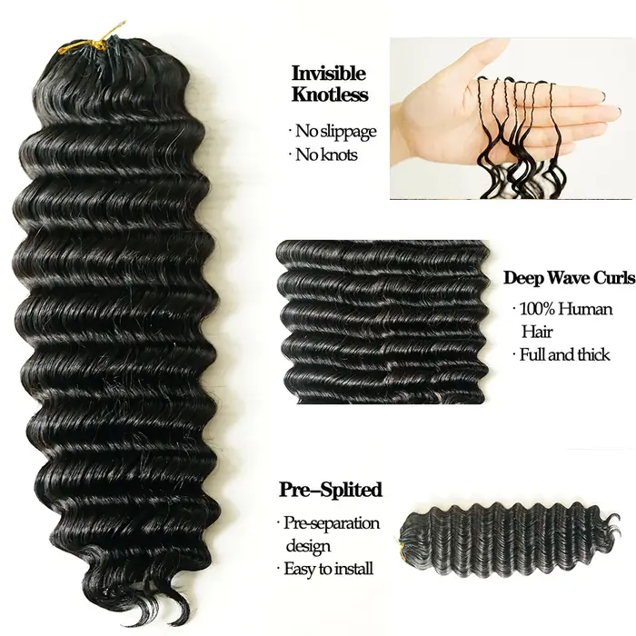 Extensions de cheveux humains 100% naturels Deep Wave, tresses au crochet sans nœuds pré-séparées, e
