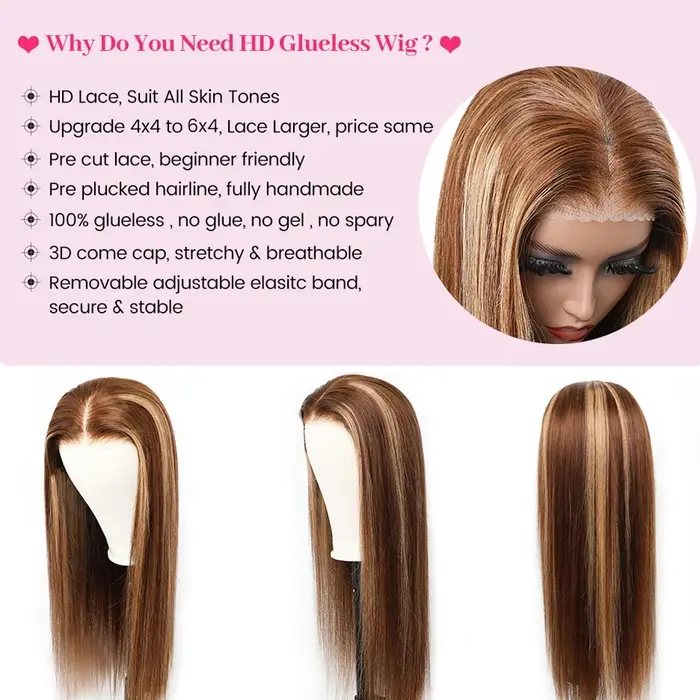 Wear And Go cheveux humains sans colle ISEE perruque brésilienne droite à reflets 6x4 HD dentelle sans