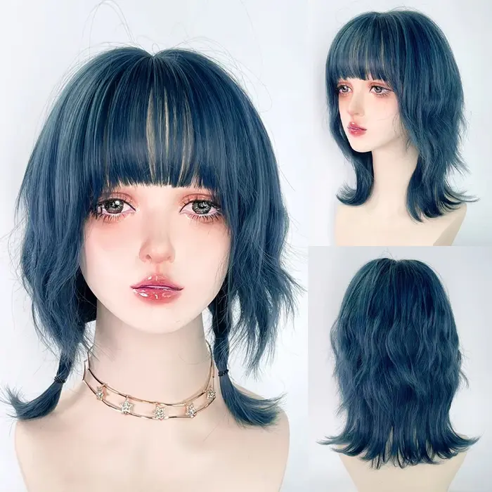 Perruque synthétique bleue à tête de mulet avec frange, perruque courte et lisse pour Cosplay Anime 