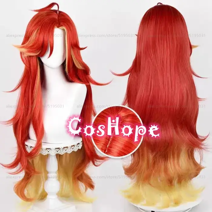 Pyro Archon Mavuika Cosplay perruque 100 cm longue vague bouclée