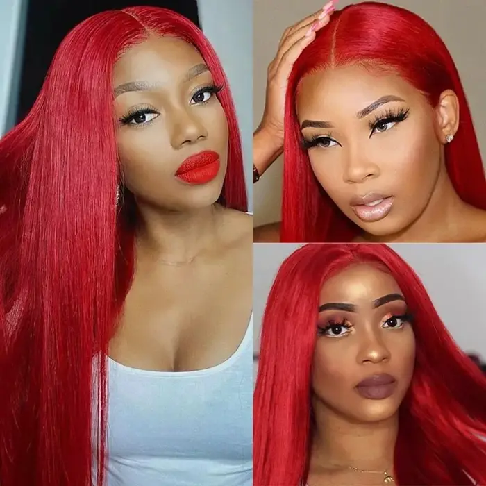 Perruque Lace Front Wig synthétique lisse et longue en soie rouge