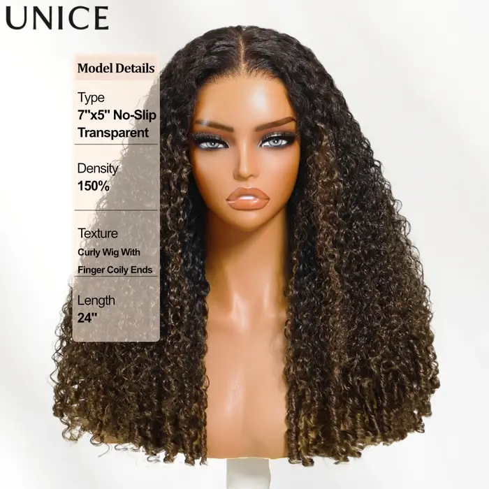UNice cheveux châtain brun ombré crépus bouclés demi perruques avec bords 4C et cordon invisible 100%
