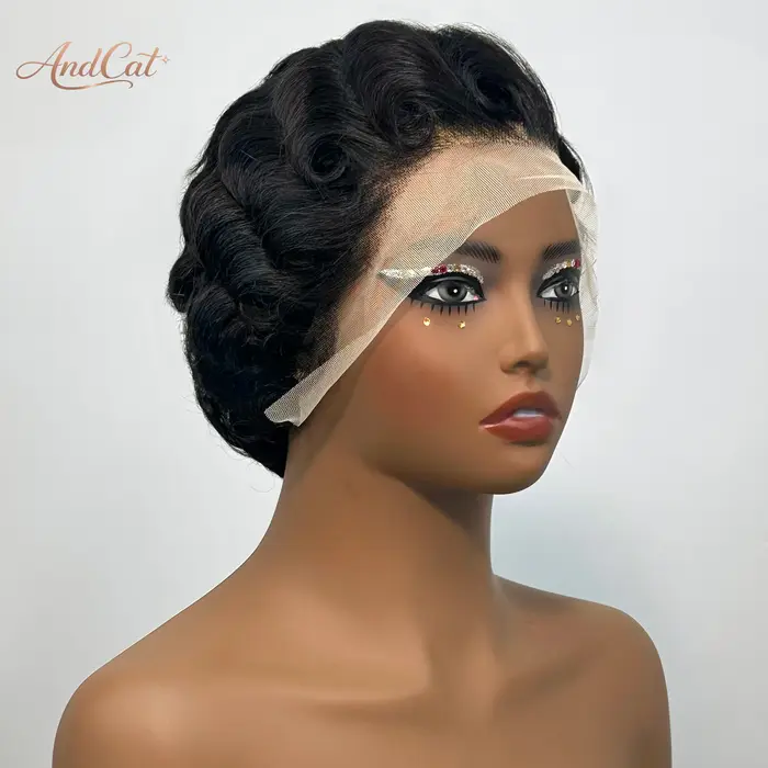 Perruque Courte Bouclée Pixie Cheveux Humains Vierges Brésiliens 100% Naturels Perruques Frontales 1