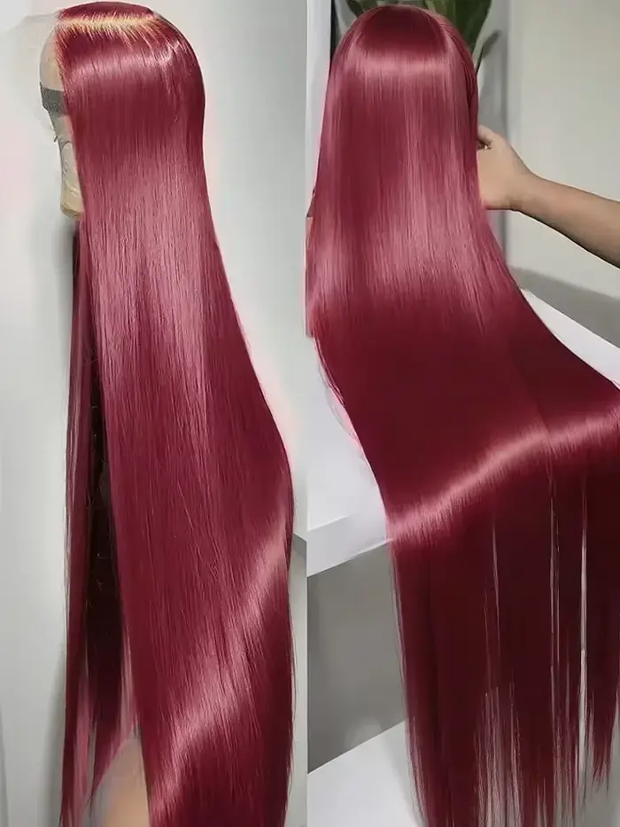 Perruque en cheveux humains longs et raides de couleur rouge, densité 220, Max-lace, 99J Bourgogne, 
