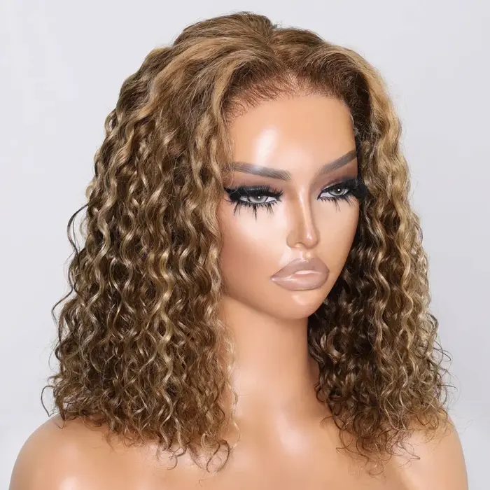 # 4/27 mettre en évidence la perruque sans colle cheveux humains vague profonde BOB perruque prêt à 