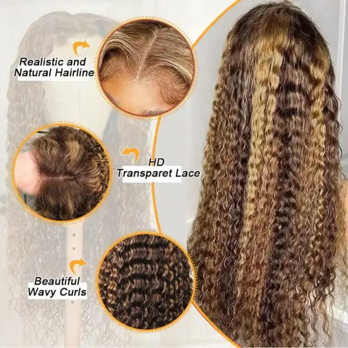 Perruques complètes en cheveux humains naturels P4/27, couleur miel, bouclées, avec dentelle frontal