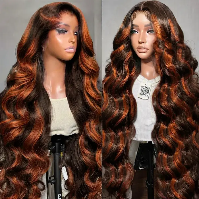 Perruque Lace Front 5x5 sans colle en cheveux humains, ondulée, pré-épilée, avec mèches marron ginge