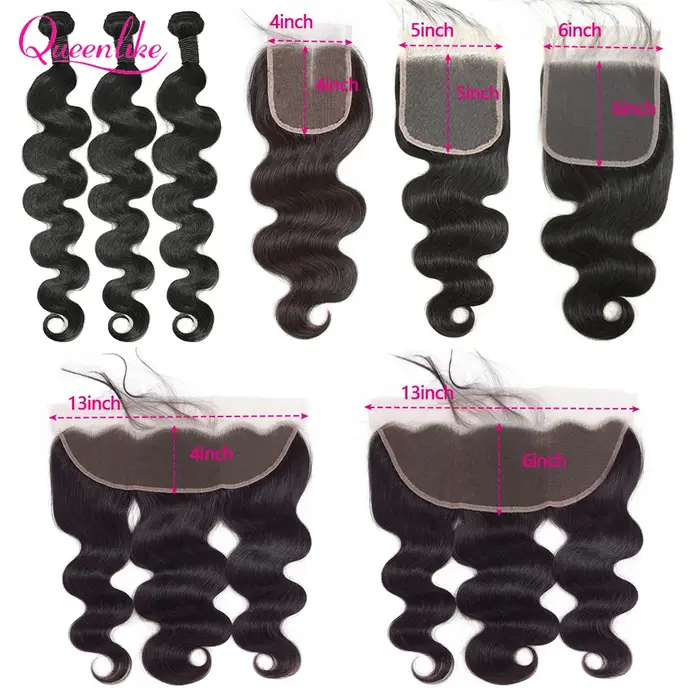Extensions de cheveux humains lisses Queenlike 12A avec closure 4x4 5x5 6x6 13x4 en dentelle et 3 mè