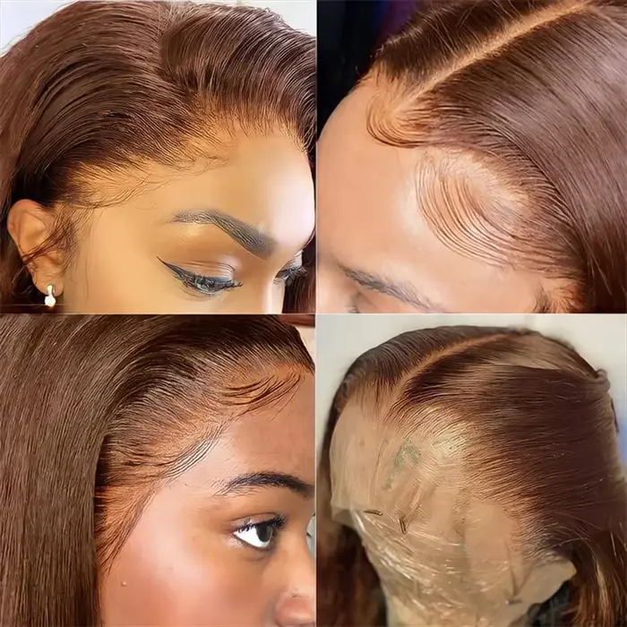 Perruques en cheveux humains lisses couleur chocolat avec dentelle frontale pour femmes, pré-épilées