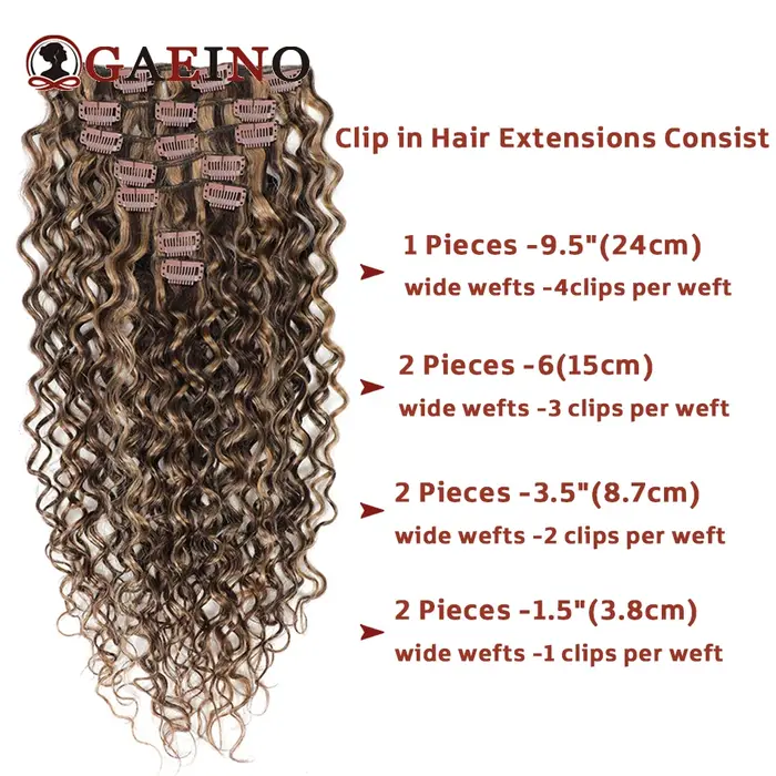 Extensions de cheveux bouclés à clipser, vagues d'eau, châtaigne agaçante, reflets blonds bronzés, 7 pièces par ensemble