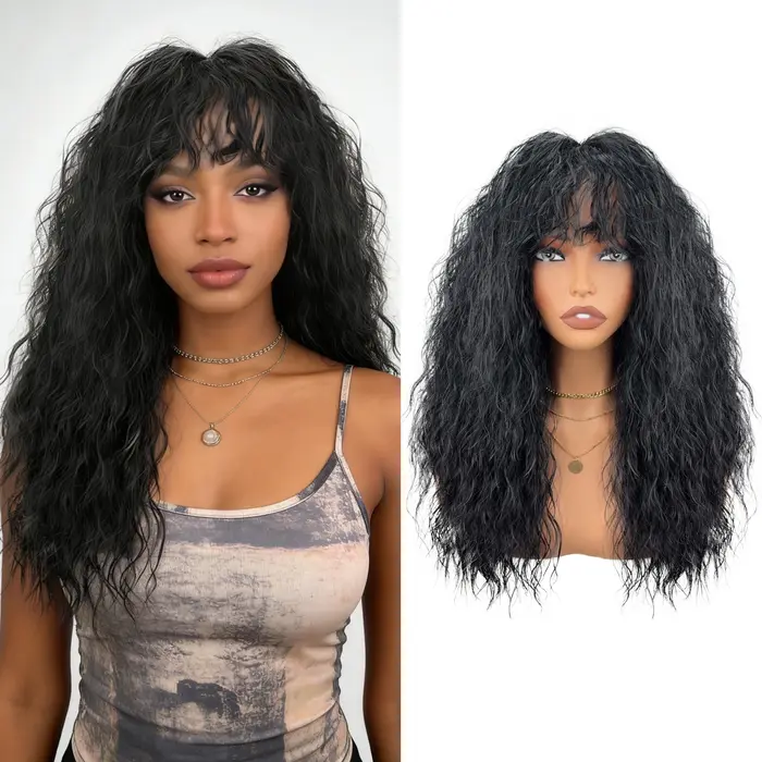 Perruque synthétique mi-longue pour femme, perruque noire bouclée, boucles volumineuses avec frange,