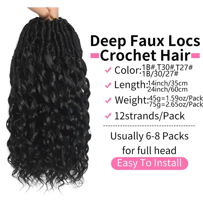 Faux Locs profonds Crochet cheveux pour femmes noires 7 paquets pré-bouclés déesse Locs Crochet chev