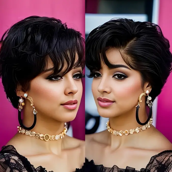 Perruque Lace Front Wig naturelle transparente, cheveux humains, coupe Pixie, ondulée naturelle, cou