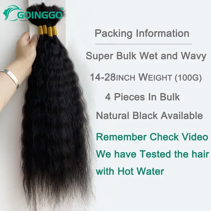Extension de Cheveux Humains Remy pour Tressage, Accessoire Capillaire Ondulé, Sans Trame, 4 Pièces/