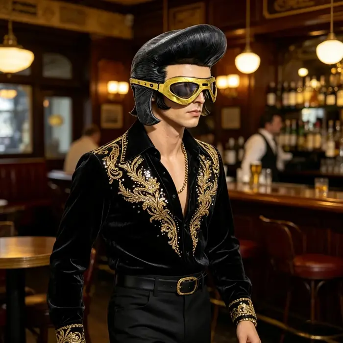 Masque de style rock vintage avec lunettes dorées et coiffure pompadour noire pour costume de fête pour homme