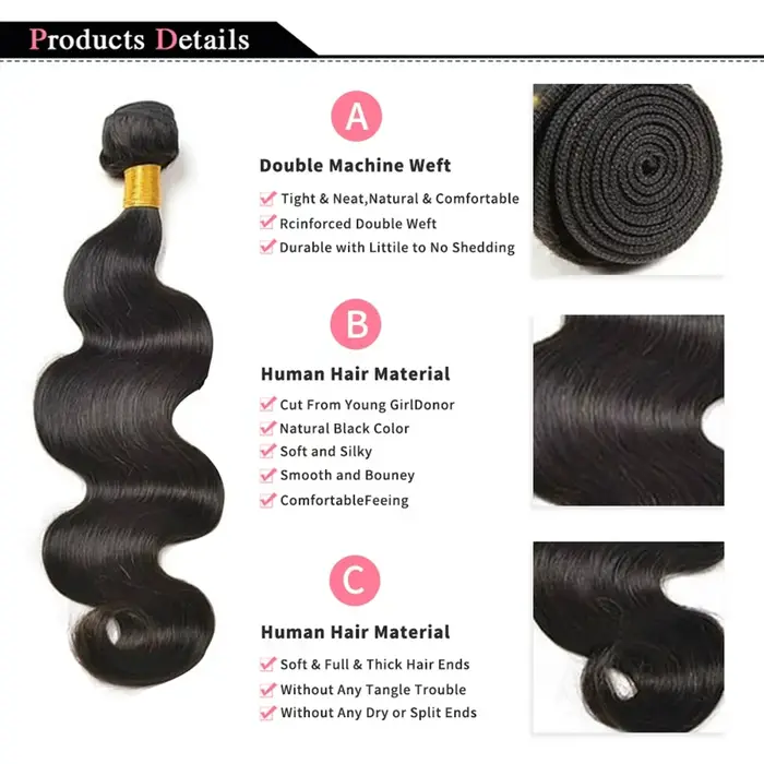 Extensions de cheveux humains Body Wave, noirs naturels, brésiliens, en lots de 1, 3 ou 4 pièces