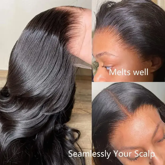 Perruque Lace Frontal Wig naturelle brésilienne, cheveux humains, Body Wave, noir naturel, 13x4 HD, 