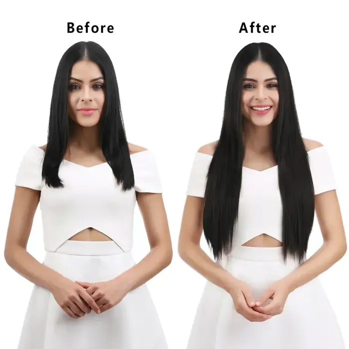 Extensions de cheveux noirs 24 "/60 cm 6 pièces/ensemble femmes longue ligne droite synthétique pleine tête pince 16