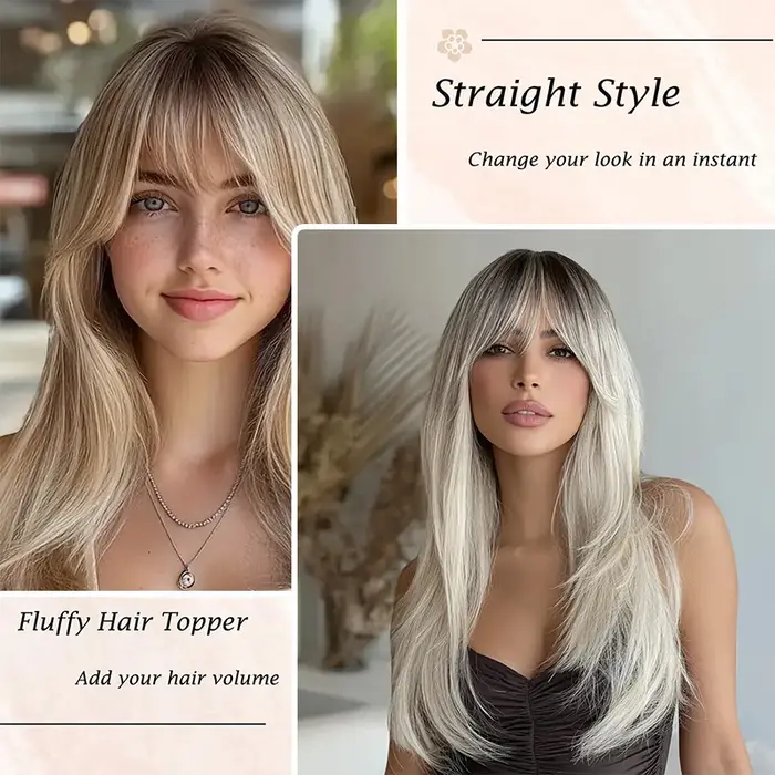 Topper pour cheveux pour femme avec frange : 3D 360 °   Morceau de cheveux synthétiques longs et lis