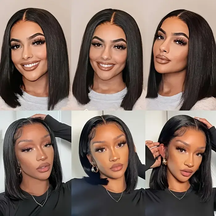 Perruque Bob Lace Front Wig naturelle sans colle, cheveux courts et lisses, couleur naturelle, 5x5, 