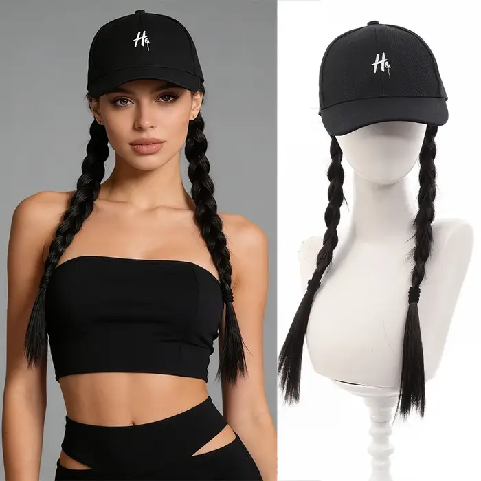 Casquette de baseball pour femme avec perruque intégrée, en fibre synthétique, noire, avec deux tres