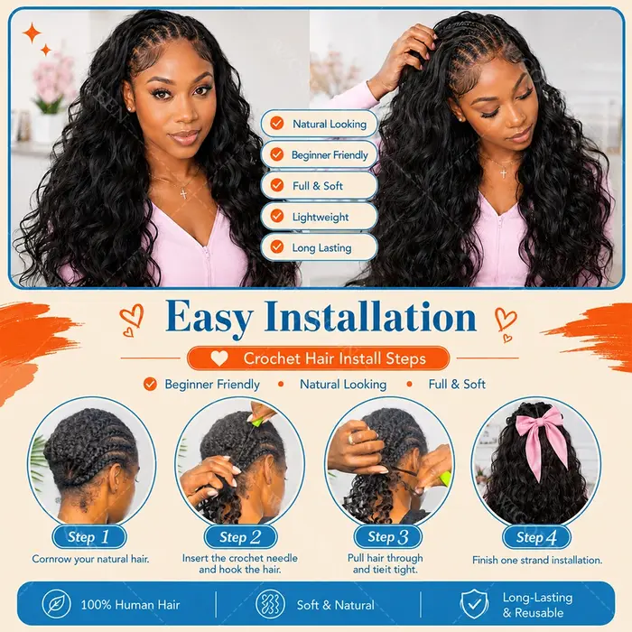 Extensions de cheveux humains en crochet Body Wave pré-séparées
