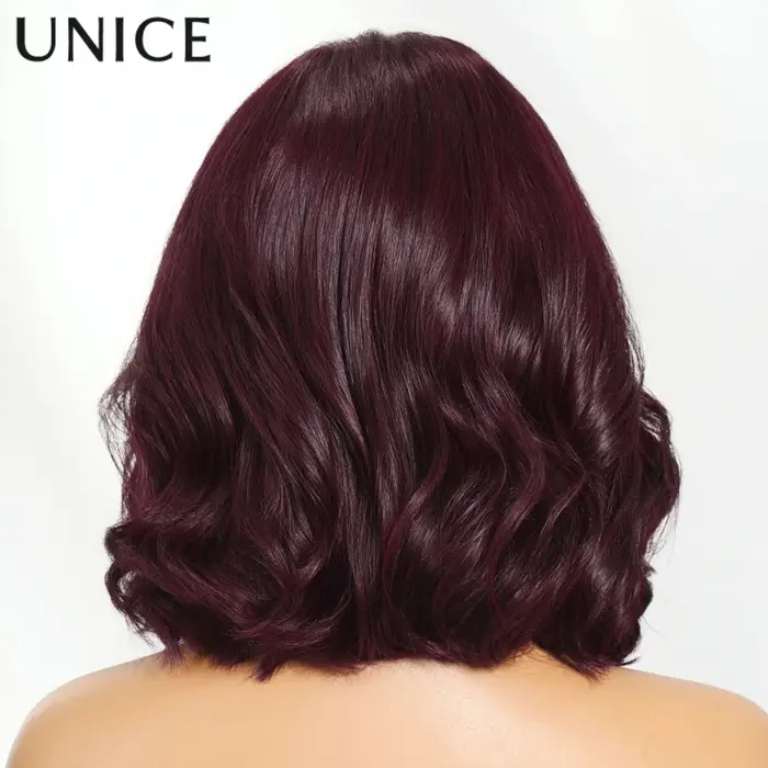 Perruque Bob ondulée UNice 7x5 Lace No-Slip Cap Black Cherry avec couches encadrant le visage, sans