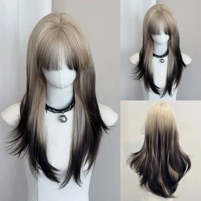Perruque synthétique superposée noire Blonde ombrée pour Cosplay Lolita