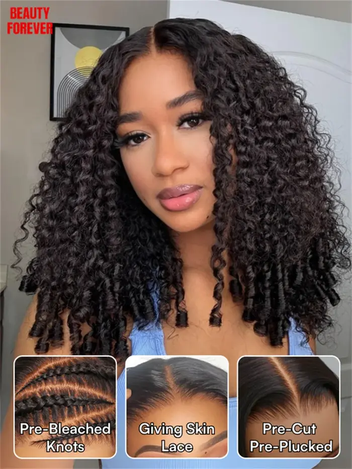 7X5 Bye Bye noeuds doigt bobines bouclés sans colle perruque de cheveux humains sans colle Transpare