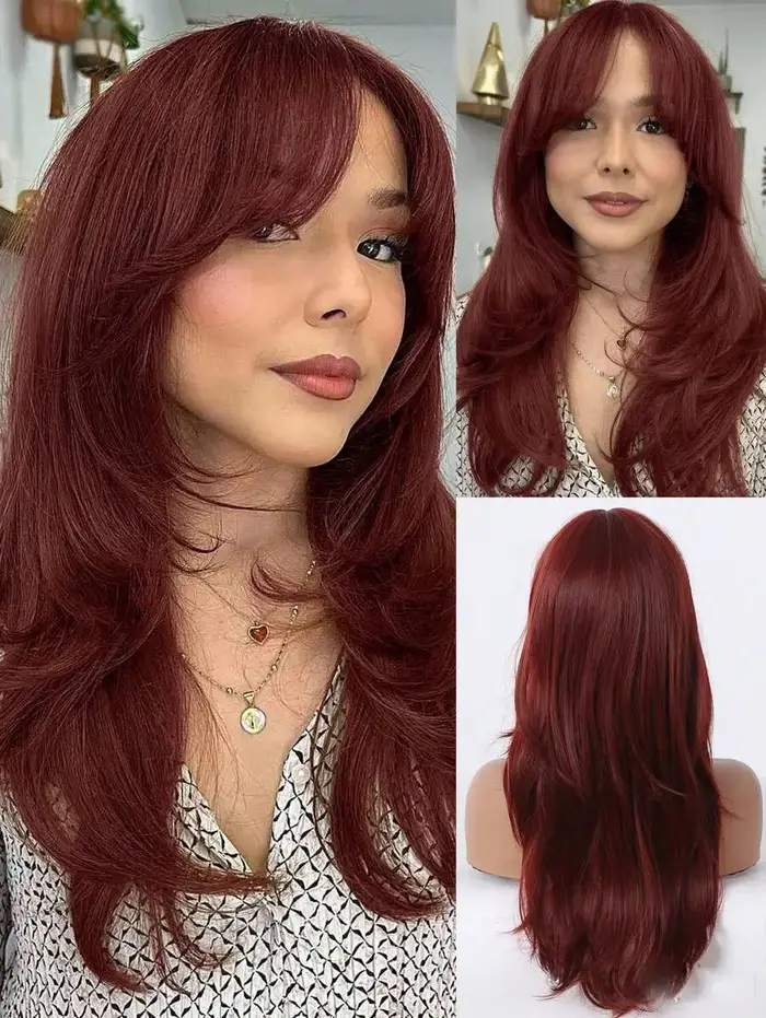 24" Wine Red Long Layered Synthetic Wig With Curtain Bangs