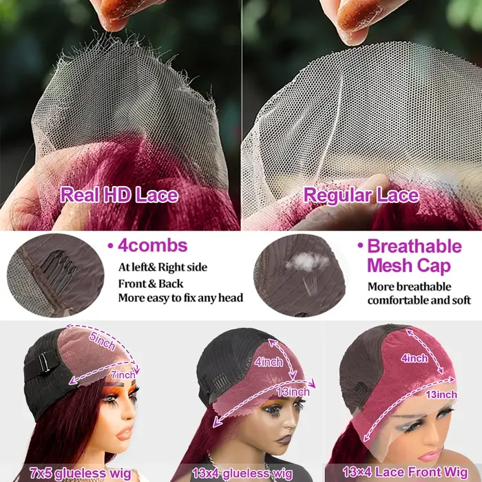 Perruque Bob Droite Cheveux Humains Perruque frontale en dentelle 13x4 HD 99J Perruque de cheveux hu