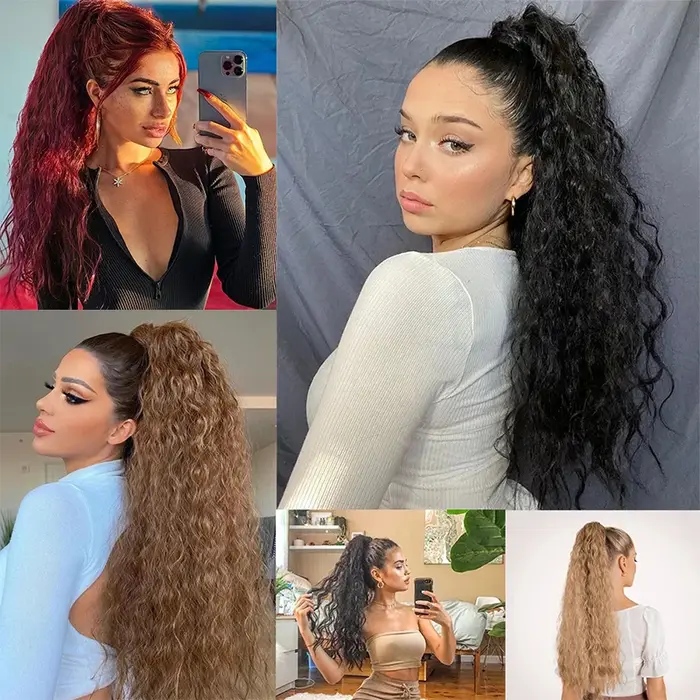 Extension de cheveux queue de cheval ondulée longue bouclée pour femmes postiche queue de cheval synthétique naturelle avec cordon bordeaux blond fausse queue de poney