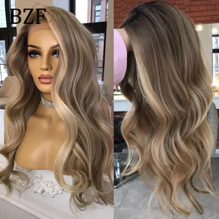 Perruque Lace Front Synthétique à Reflets Bruns Ondulés pour Femme