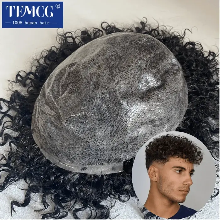 15MM bouclés mâle cheveux prothèse toupet hommes 100% indien cheveux humains confortable peau Base p