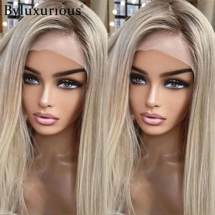 Byluxurious mettre en évidence cendré Mica gris droite 100% perruque de cheveux humains 13x 6/5x5 sans colle prêt à