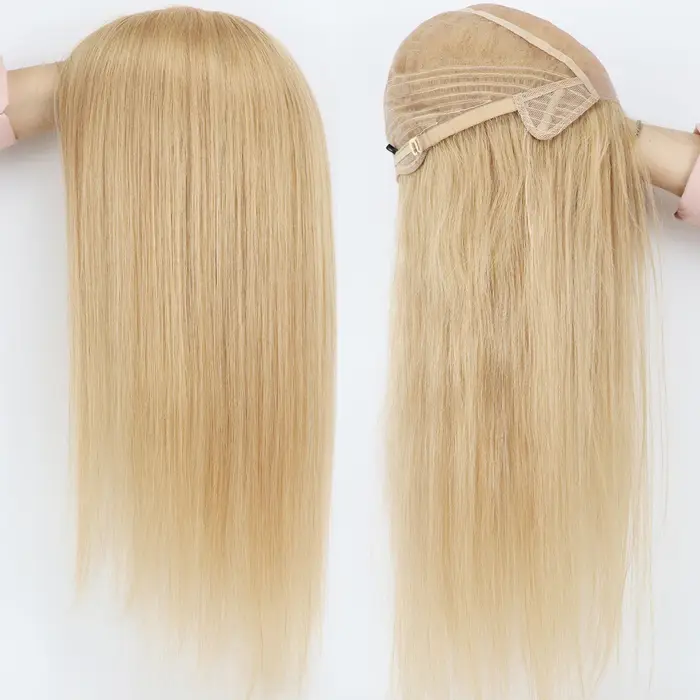 Perruque de cheveux humains entièrement attachée à la main, mono filet en soie, couronne blonde, PU 