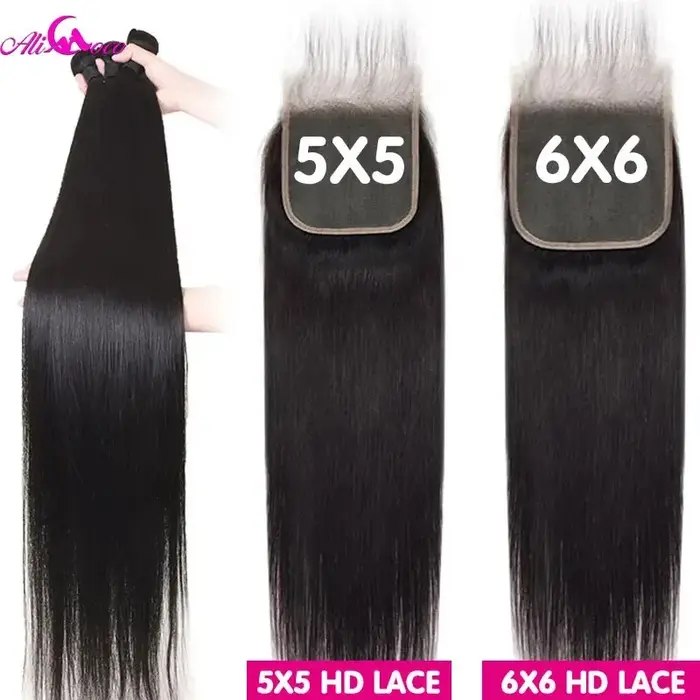 Mèches brésiliennes Remy naturelles lisses,-Ali Coco, 28, 30, 40 pouces, avec Lace Closure, 5x5