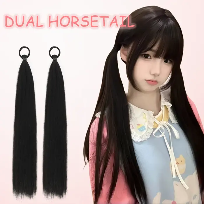 LUPU Lot de 2 extensions de queue de cheval synthétiques noires avec cravate élastique