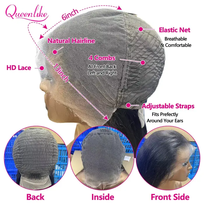 Queenlike 26 pouces 13x6 HD dentelle frontale perruques de cheveux humains droite Remy cheveux front