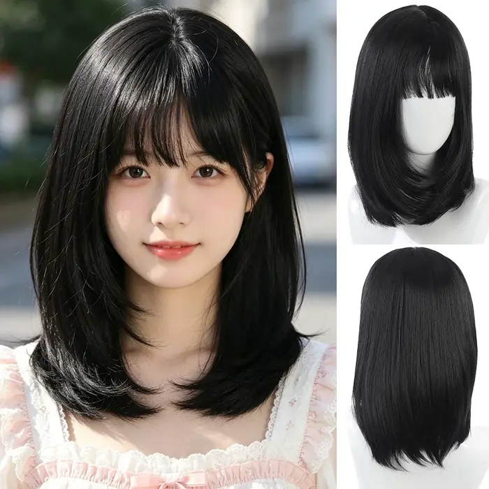 Perruque synthétique haut de gamme pour femme, cheveux pleins, effet naturel, avec frange française,