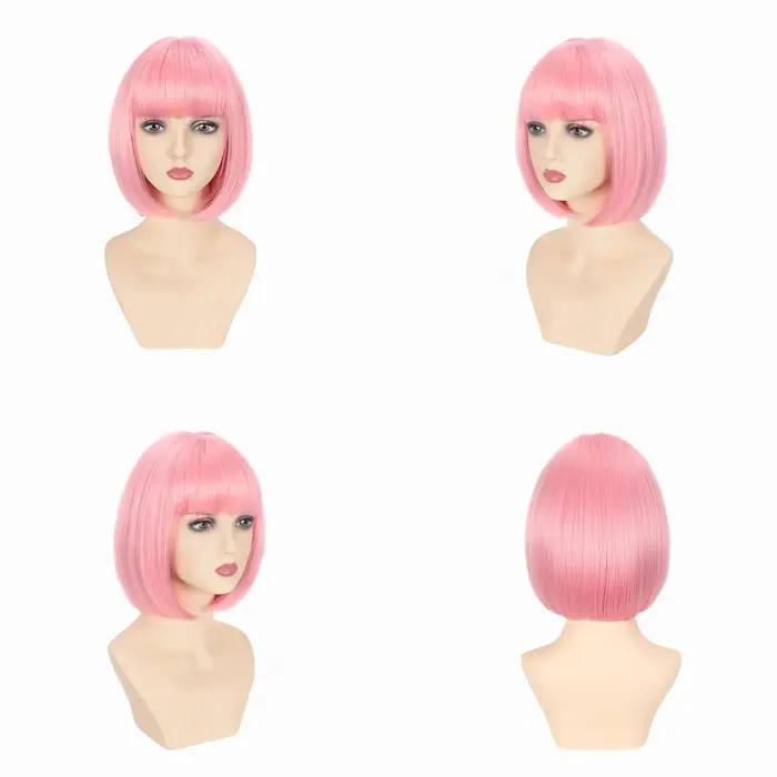 Perruque synthétique rose style bob pour Halloween