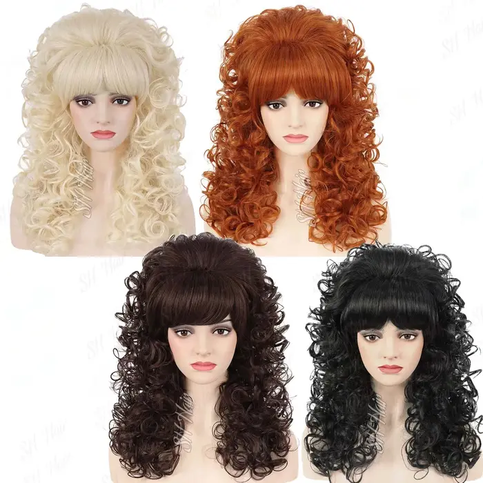 Perruque synthétique bouclée des années 80 avec frange pour femme